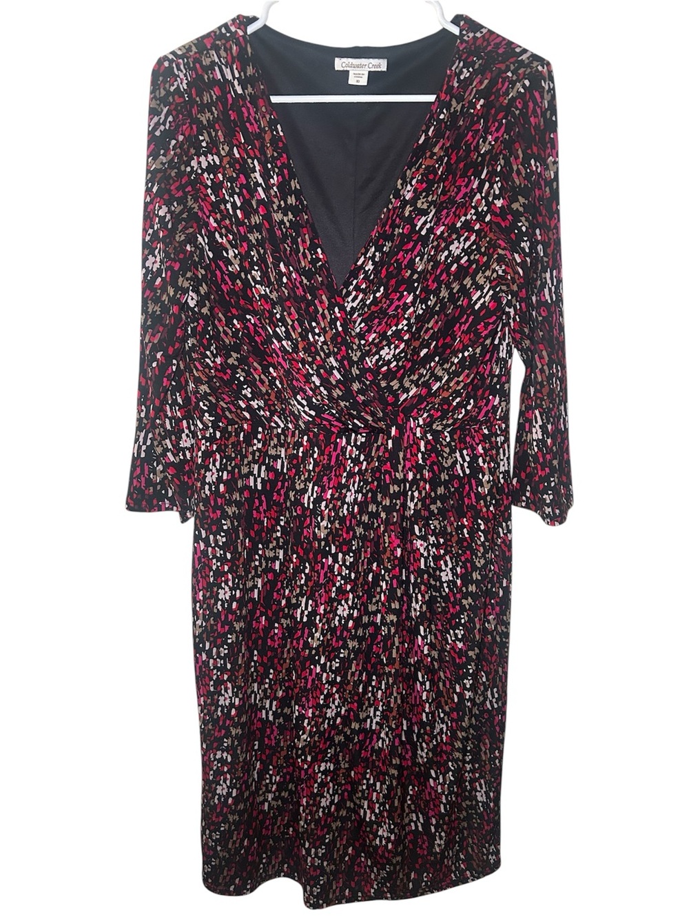Coldwater Creek Women's Pink Black Printed Surplice Dress Half Sleeve Stretch Fl